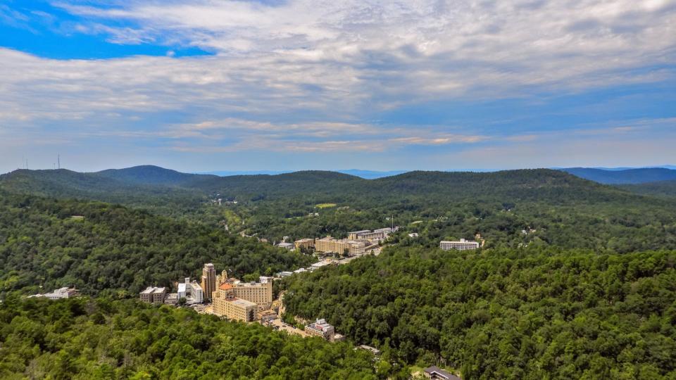 Aerial view of Hot Springs, Arkansas Nestled In The Ouachita Mountains