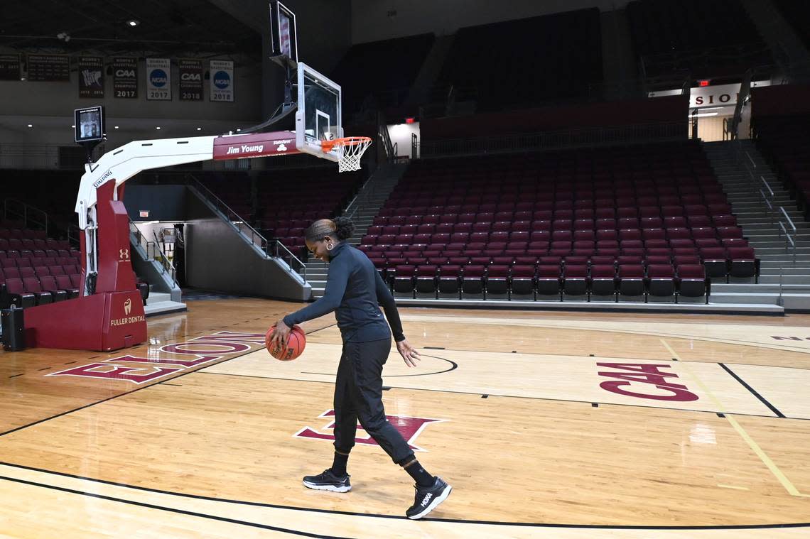 Elon University women’s head basketball coach Charlotte Smith dribbles off the court at Schar Center on Monday, June 20, 2022 in Elon, NC. In 1994 the UNC Tar Heels won the NCAA Women’s Division I Basketball Championship on Smith’s game winning shot at the buzzer.