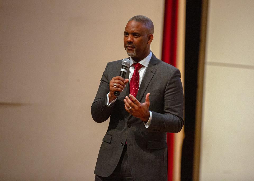 Austin Lane, chancellor of Southern Illinois University Carbondale, speaks to faculty during a candidate forum for NMSU president on March 1, 2024.