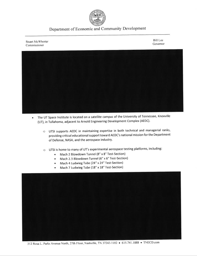 Talking points prepared for the governor's trip to Paris, France in June by the Tennessee Department of Economic and Community Development are heavily redacted.