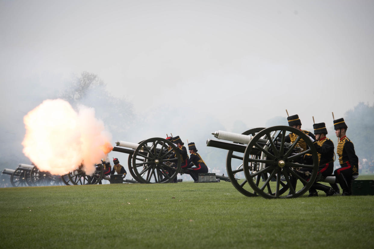 The King's Troop Royal Horse Artillery fire a 41 Gun Royal Salute to mark Queen Elizabeth II's 93rd birthday in Hyde Park, London. (Photo by Stefan Rousseau/PA Images via Getty Images)