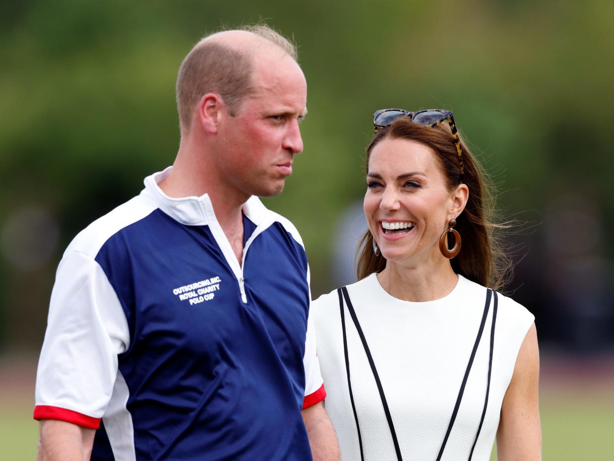 Prince William, Duke of Cambridge and Catherine, Duchess of Cambridge attend the Out-Sourcing Inc. Royal Charity Polo Cup at Guards Polo Club, Flemish Farm on July 6, 2022 in Windsor, England