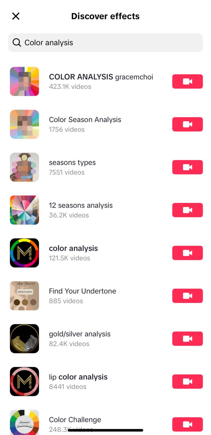 A list of various color analysis video effects on a social media platform, showing the number of videos associated with each effect