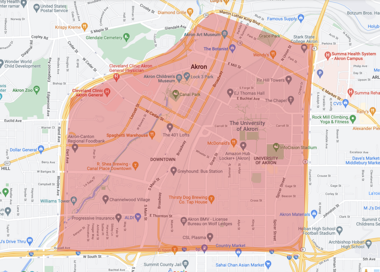 The city of Akron has issued an overnight curfew from 10 p.m. to 6 a.m. for downtown Akron. The boundaries of the curfew are shown on this map.