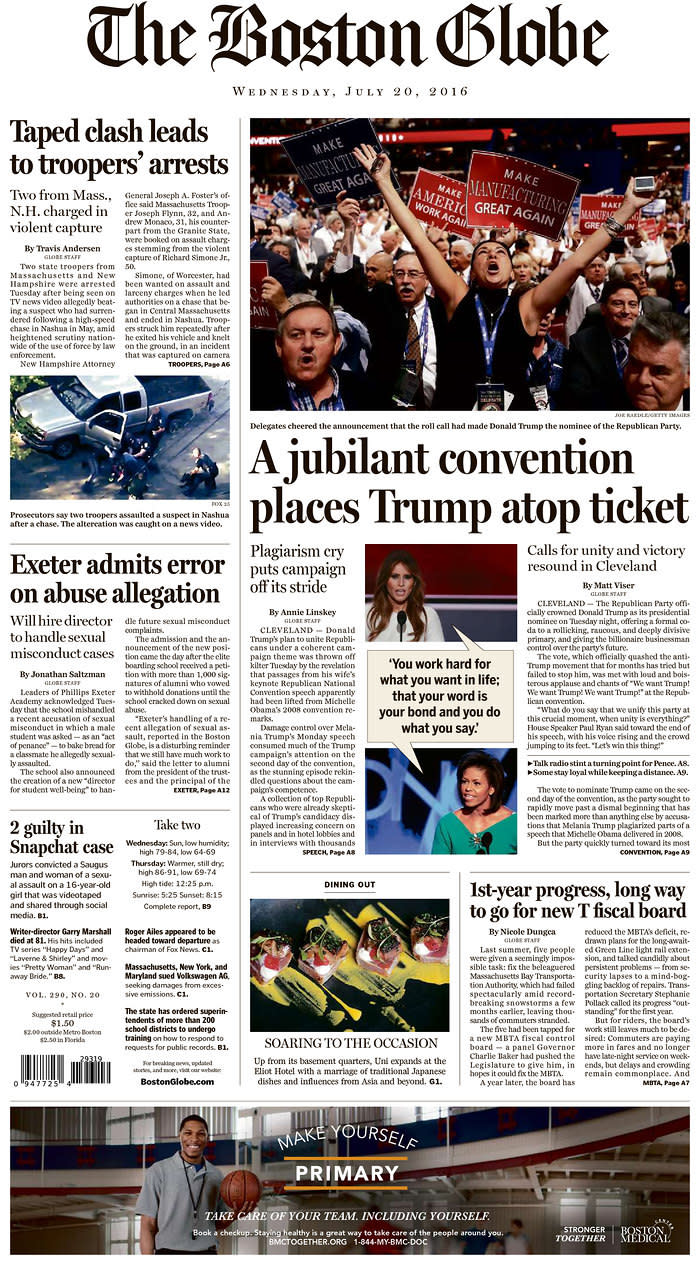 A jubilant convention places Trump atop ticket - The Boston Globe