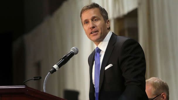 PHOTO: Gov. Eric Greitens delivers the keynote address at the St. Louis Area Police Chiefs Association 27th Annual Police Officer Memorial Prayer Breakfast in St. Louis, Mo.,April 25, 2018. (St. Louis Post-Dispatch via Getty Images, FILE)