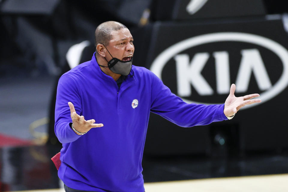 Philadelphia 76ers coach Doc Rivers argues a call during the second half of the team's NBA basketball game against the Cleveland Cavaliers, Thursday, April 1, 2021, in Cleveland. (AP Photo/Ron Schwane)