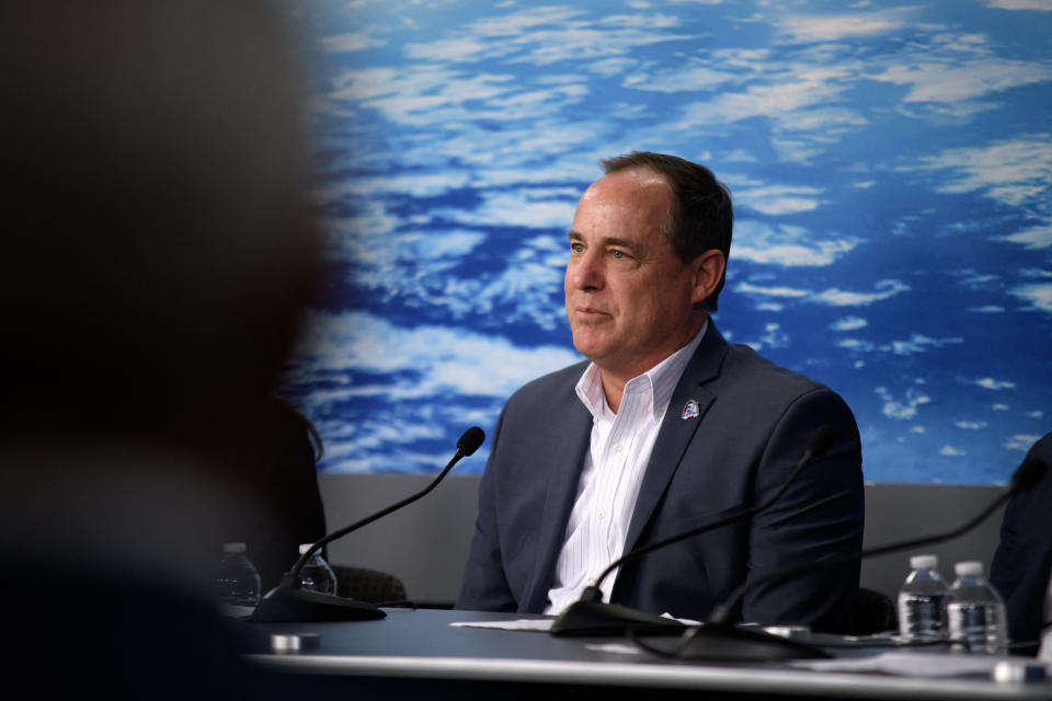 Intuitive Machines CEO Stephen Altemus speaks during a press conference to announce the new vehicle that will help Artemis astronauts explore the Moon on future missions, at the Johnson Space Center in Houston, Texas, on April 3, 2024. (Photo by Mark Felix / AFP) (Photo by MARK FELIX/AFP via Getty Images)