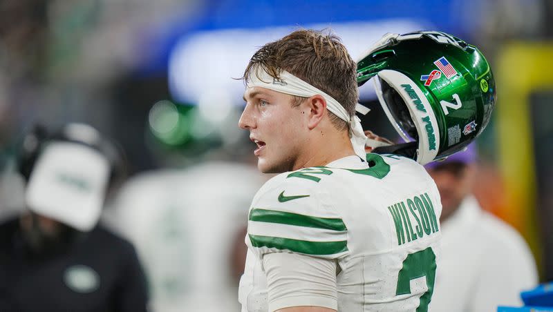 New York Jets quarterback Zach Wilson (2) looks on from the sidelines during an NFL football game against the Buffalo Bills on Monday, Sep. 11, 2023, in East Rutherford, N.J.