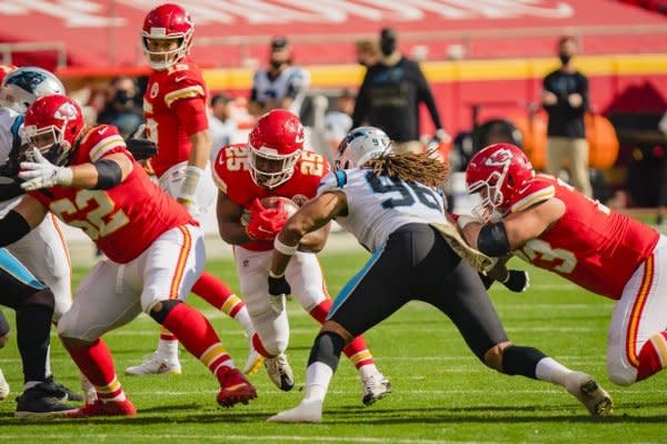 Running back Clyde Edwards-Helaire (C) and the Kansas City Chiefs will face the New England Patriots on Sunday in Foxborough, Mass. File Photo by Kyle Rivas/UPI