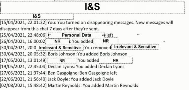 WhatsApp messages showing Martin Reynolds activating the 'disappearing message' setting on a group chat with multiple key players in Covid policy.