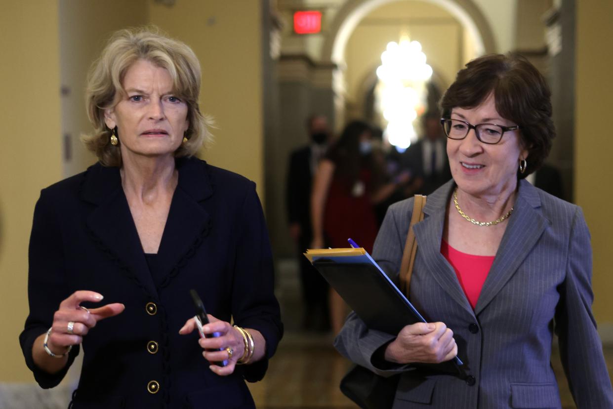 U.S. Sen. Lisa Murkowski, R-AK (left), and Sen. Susan Collins, R-ME (right) leave after a Senate GOP conference meeting at the U.S. Capitol in Washington, D.C. on October 7, 2021.