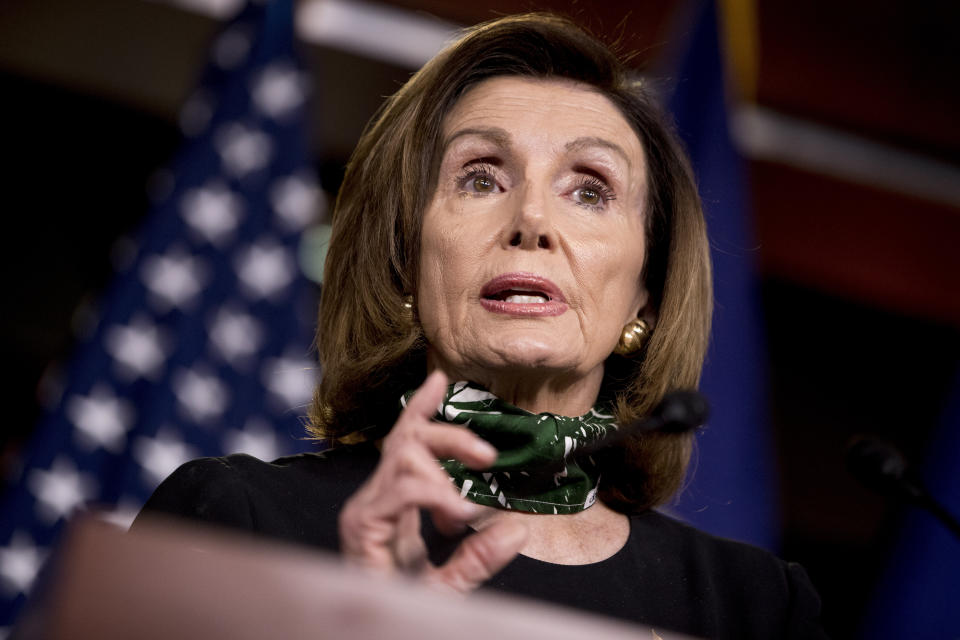 FILE - In this May 14, 2020, file photo House Speaker Nancy Pelosi of Calif., speaks during a news conference on Capitol Hill in Washington. Republicans are brandishing the latest approach in their uphill fight for House control this November: battering moderate Democrats for backing a $3 trillion coronavirus relief bill promising benefits for immigrants who entered the U.S. illegally. (AP Photo/Andrew Harnik, File)