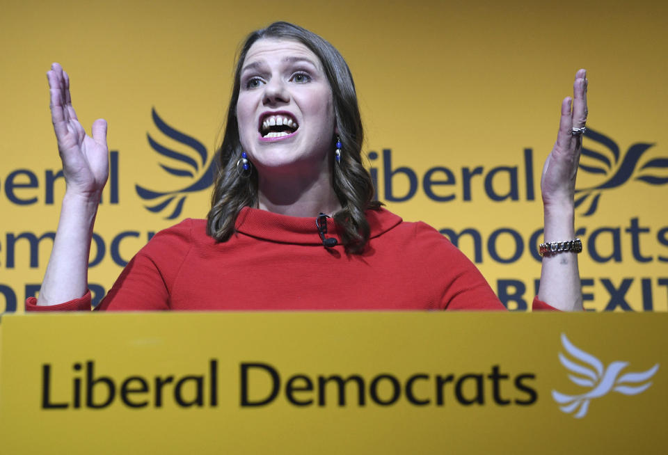 Jo Swinson speaks in London Monday July 22, 2019, after being elected leader of the Liberal Democrats. The centrist Liberal Democrats, who have seen a surge in support thanks to their strongly anti-Brexit stance, also chose a new leader on Monday. Jo Swinson, a 39-year-old lawmaker from Scotland, defeated former energy minister Ed Davey in a poll of party members. (Stefan Rousseau/PA via AP)