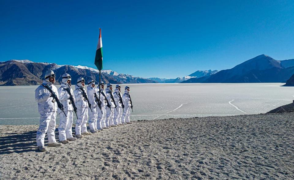 ITBP jawans celebrating Republic Day on the banks of Pangong Tso in Ladakh at a height of 14,000 feet.