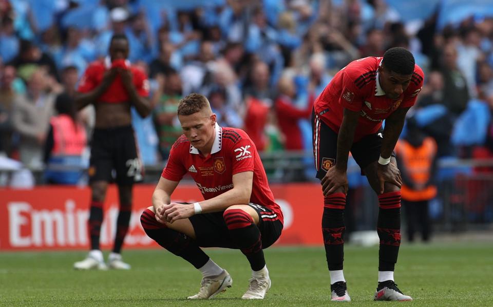 Aaron Wan-Bissaka, Scott McTominay, Marcus Rashford after the final whistle - Man City one win from Treble after Gundogan double downs Man Utd – latest reaction - Getty Images/Matthew Peters