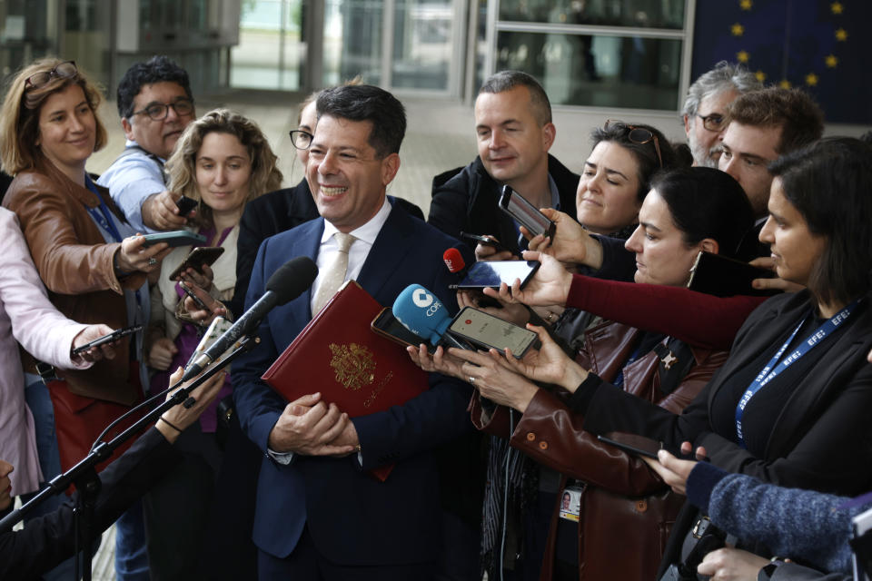 Gibraltar Chief Minister Fabian Picardo speaks with the media outside EU headquarters in Brussels, Friday, April 12, 2024. British and Spanish foreign ministers are scheduled to meet Friday with a top European Commission official for another round of negotiations over the status of the disputed territory of Gibraltar following Britain's exit from the European Union. (AP Photo/Omar Havana)