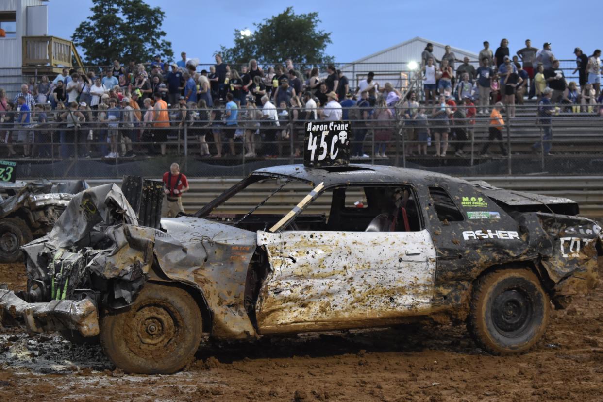 Aaron Crane's 1976 Chrysler Cordoba's demolition derby days are over. The engine caught fire during the Monroe County Fair's 2022 competition.