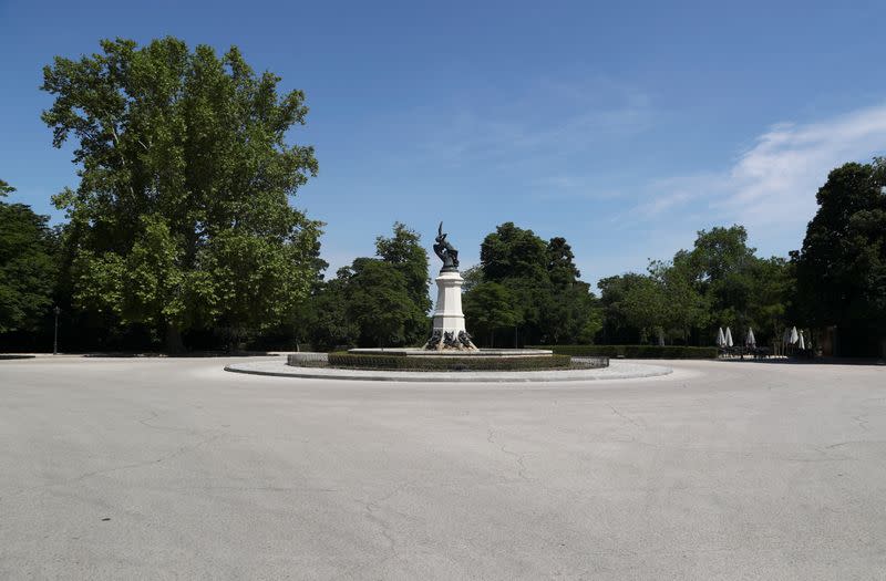 A view of the Fountain of the Fallen Angel at an empty Retiro Park amid the coronavirus disease (COVID-19) outbreak in Madrid