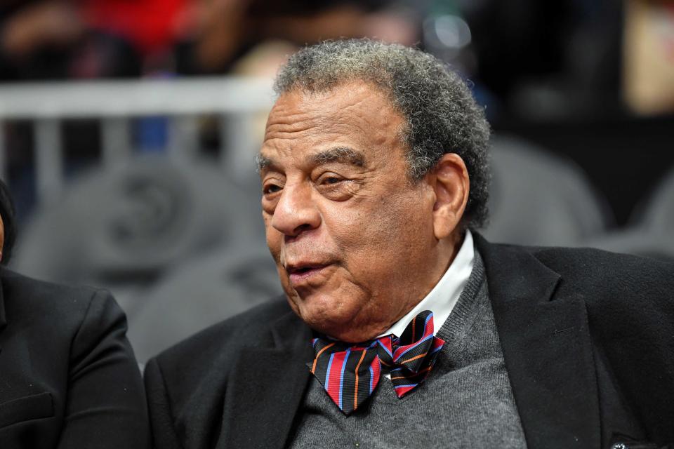 Jan 21, 2019; Atlanta, GA, USA; Former US United Nations Ambassador and Civil Rights leader Andrew Young shown at the game between the Orlando Magic and the Atlanta Hawks on MLK Day at State Farm Arena. Mandatory Credit: Dale Zanine-USA TODAY Sports