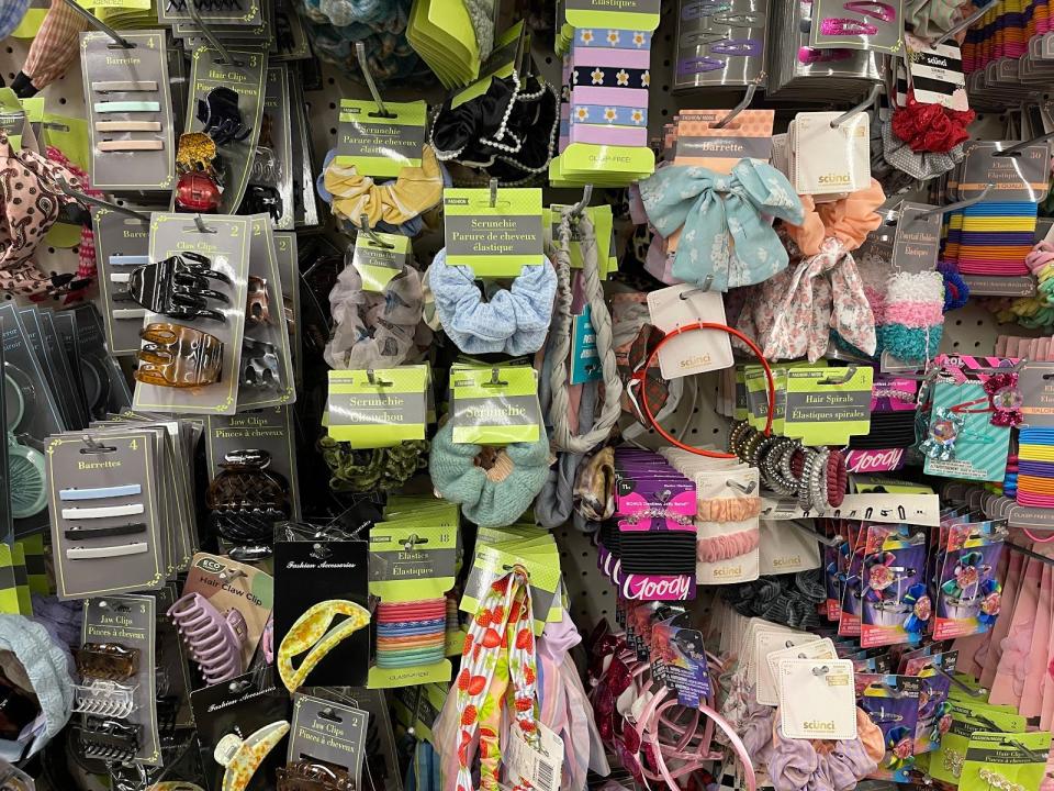 A display of clips and scrunchies in a store.