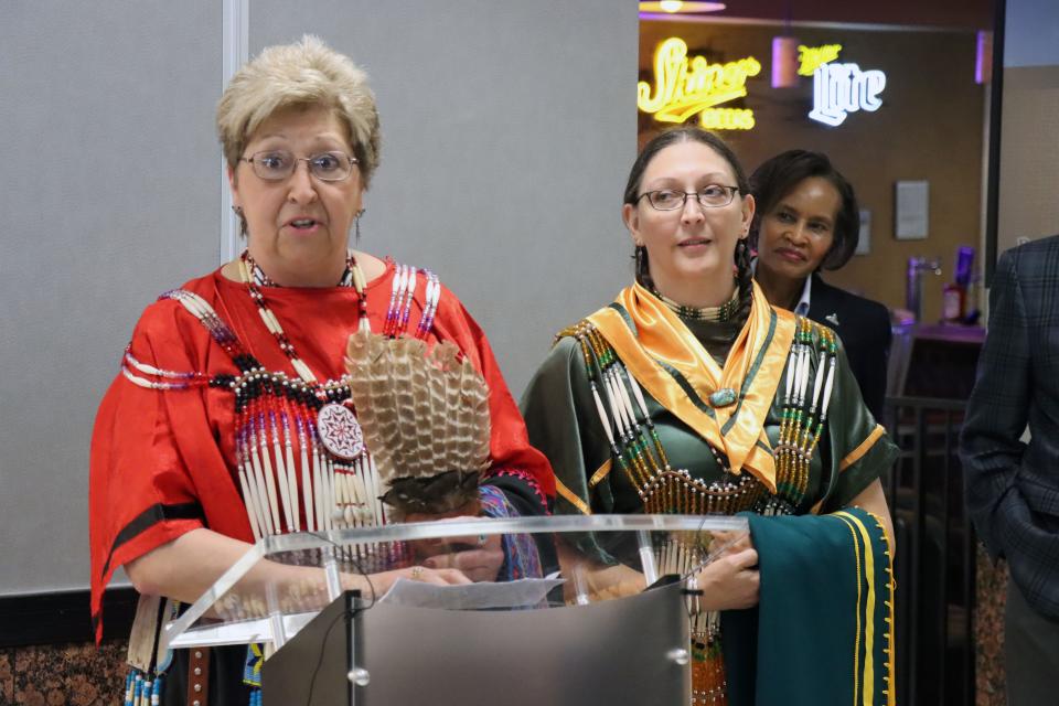 Nancy Boles, great-granddaughter of Quanah Parker, and Lesley Pike, daughter of Nancy and great-great-granddaughter of Parker, talk Wednesday about the honor it is to a part of the unveiling of a statue of the Comanche Chief, now on display at the Rick Husband Amarillo International Airport.