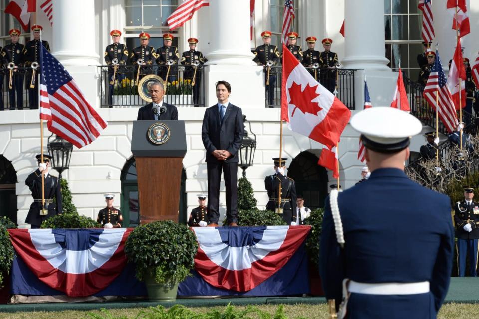 Canadian Prime Minister Justin Trudeau, right, listens as U.S. President Barack Obama speaks at a state arrival ceremony on the South Lawn of the White House in Washington, D.C., on Thursday, March 10, 2016. THE CANADIAN PRESS/Paul Chiasson