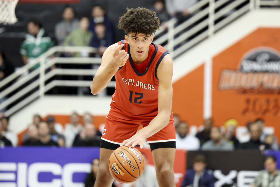 Christopher Columbus&#39; Cameron Boozer in action against Sierra Canyon during a high school basketball game at the Hoophall Classic, Monday, January 16, 2023, in Springfield, MA. (AP Photo/Gregory Payan)