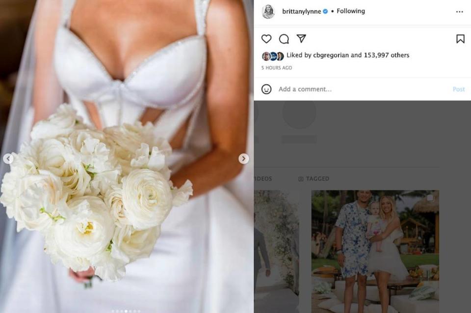 Brittany Mahomes carried an all-white bridal bouquet.