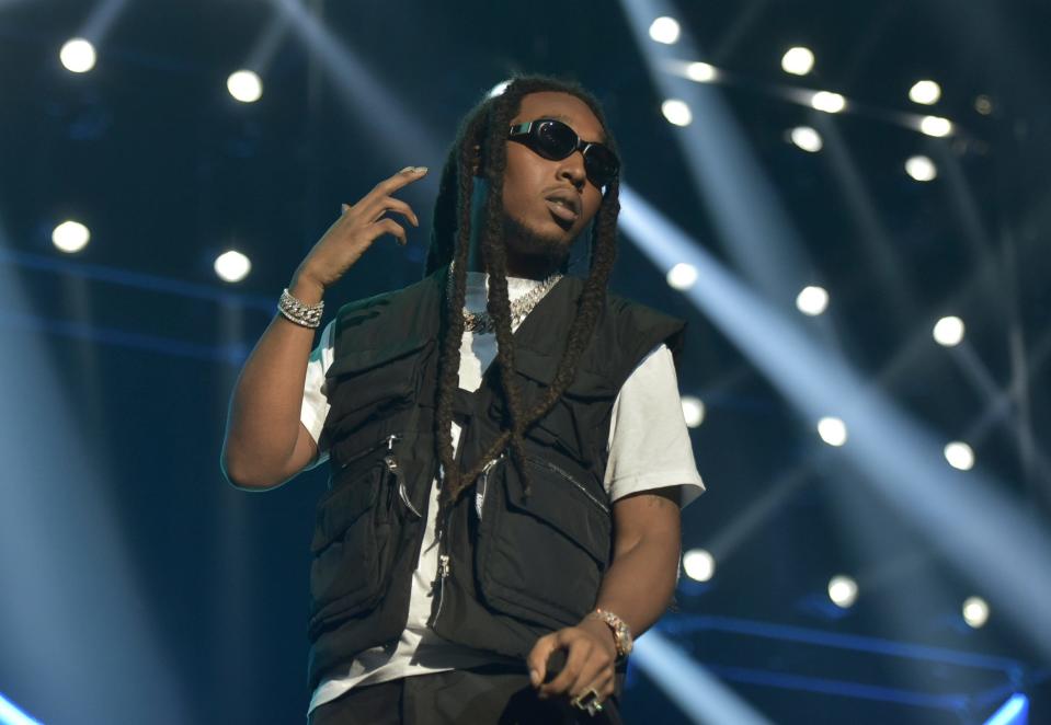 Takeoff of the group Migos performs during the 2019 BET Experience in Los Angeles on June 22, 2019. The rapper was shot and killed in Houston on Tuesday.