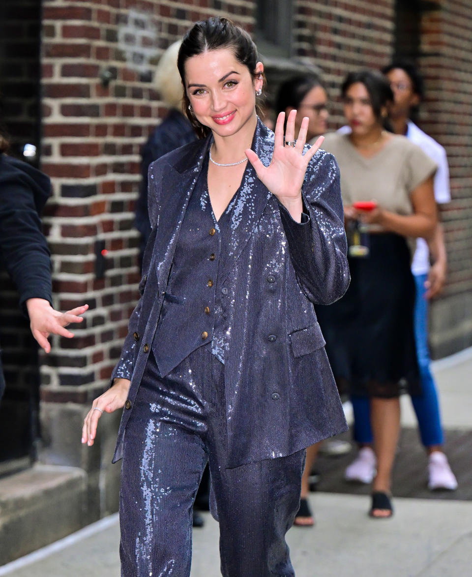 <p>Ana de Armas arrives at <em>The</em> <em>Late Show with Stephen Colbert </em>in N.Y.C. on Sept. 19. </p>