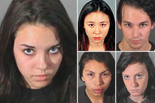 LAPD Left: Alexis Haines' mugshot. Top right: Rachel Lee and Nick Prugo's mugshots. Bottom Right: Diana Tamayo and Courtney Ames' mugshots.