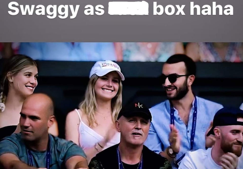 A picture from Nick Kyrgios' Instagram showing Eugenie and Charlotte Boucard in his players' box at Wimbledon 2019.