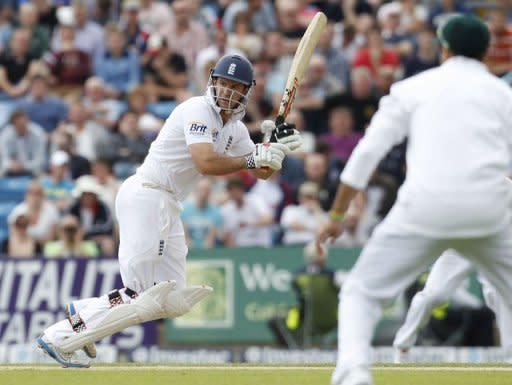 England's captain Andrew Strauss hits a shot during day two of the second international Test cricket match between England and South Africa at Headingley Carnegie in Leeds. England were 48 for no wicket when bad light ended play with 22 overs still due to be bowled