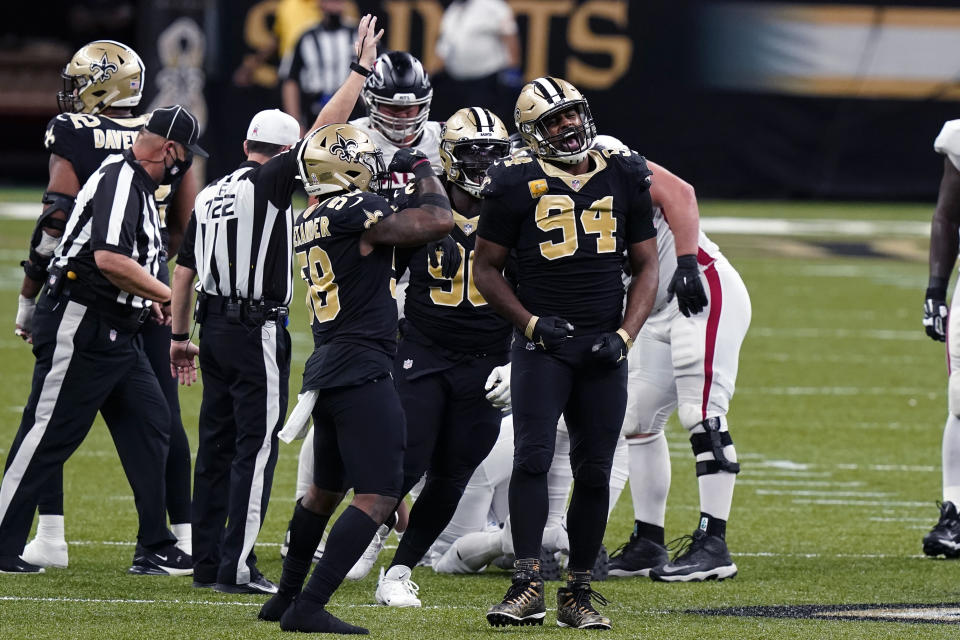 New Orleans Saints defensive end Cameron Jordan (94) reacts after sacking Atlanta Falcons quarterback Matt Ryan, pushing the Falcons out of field goal range, in the first half of an NFL football game in New Orleans, Sunday, Nov. 22, 2020. (AP Photo/Butch Dill)