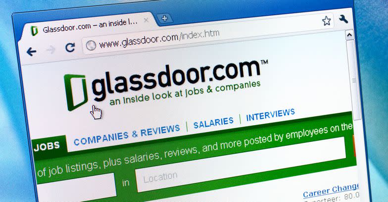 Close up of Glassdoor main page on the web browser