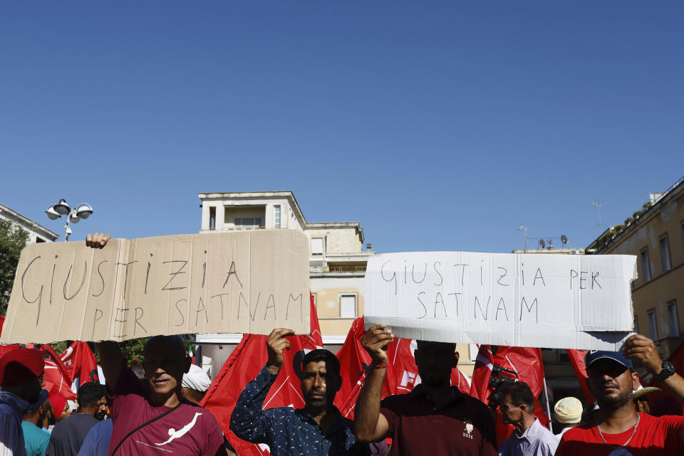 Members of the Indian community in Italy protest in Latina, some 60 kilometers south of Rome, Saturday, June 22, 2024, asking justice for Satnam Singh, an Indian laborer, bled to death after his arm got stuck in a nylon-wrapping machine and was wrenched off. Police on Tuesday arrested Antonello Lovato, a farm owner on suspicion of homicide after he allegedly refused entreaties by Singh's wife, who also worked at the farm, to call an ambulance, claiming he was already dead. (Cecilia Fabiano/LaPresse via AP)