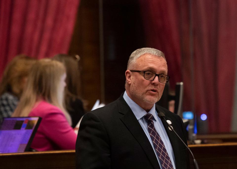 Rep. Monty Fritts R - Kingston, introduces HB 0878 during a house session at the State Capitol Building in Nashville , Tenn., Monday, March 6, 2023. 