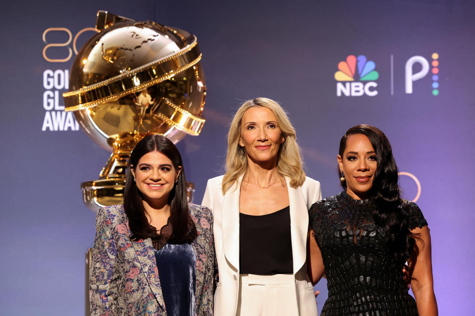 Mayan Lopez, Hollywood Foreign Press Association (HFPA) President Helen Hoehne and Selenis Leyva pose during the 80th Annual Golden Globe Awards Nominations announcement in Beverly Hills, California, U.S. December 12, 2022. REUTERS/Mario Anzuoni