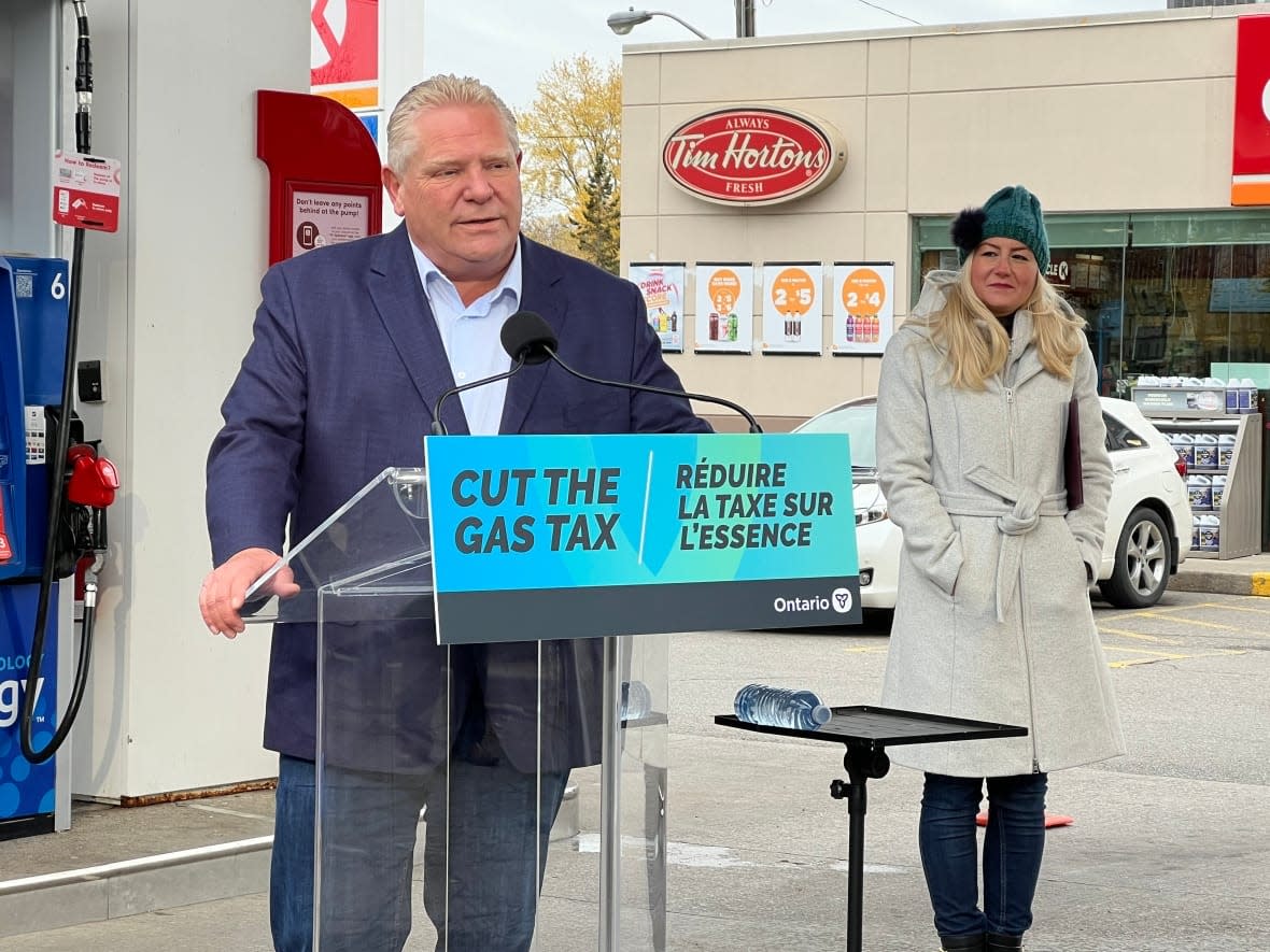 Premier Doug Ford announced in November that his government would extend its 5.7 cent per litre cut to Ontario's gas tax through 2023. Meanwhile, Ontario is poised to collect $131 million in carbon pricing fees from industry in 2023, according to new provincial figures.  (Robert Krbavac/CBC - image credit)