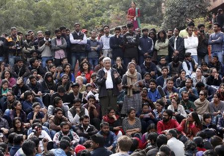 Prakash Karat (centre L), a leader of Communist Party of India (Marxist) (CPI-M), addresses students of Jawaharlal Nehru University (JNU) during a protest inside the university campus in New Delhi, India, February 15, 2016. REUTERS/Anindito Mukherjee