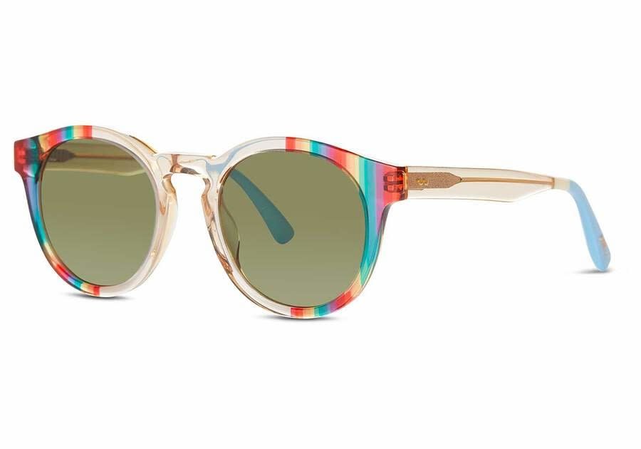 a pair of sunglasses with a see-thru rainbow print frame