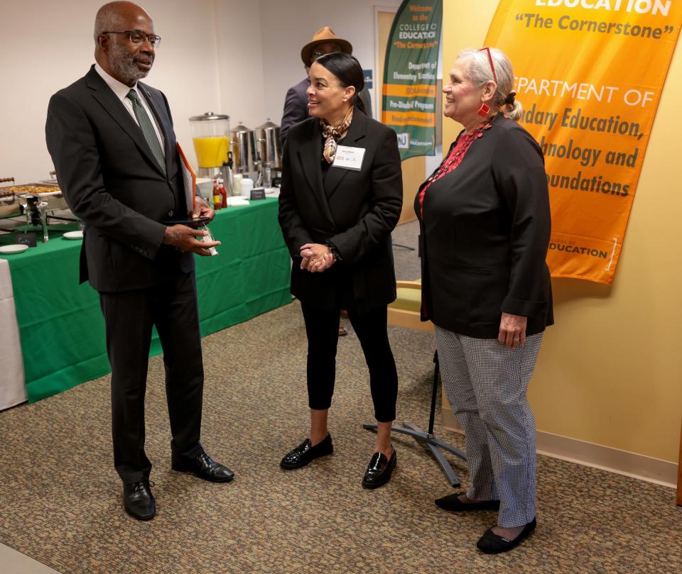 FAMU and Chevron have partnered to build the Innovation Fab Lab in the Gore Education Complex on Thursday Dec 1, 2022.
President Robinson, left, speaks with Karen Rawls from Chevron and Sherry Lassiter of The Fab Foundation.