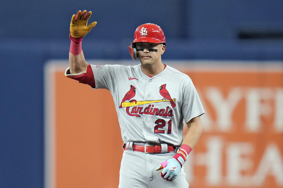 St. Louis Cardinals' Lars Nootbaar reacts after his leadoff double off Tampa Bay Rays pitcher Zack Littell during the first inning of a baseball game Thursday, Aug. 10, 2023, in St. Petersburg, Fla. (AP Photo/Chris O'Meara)