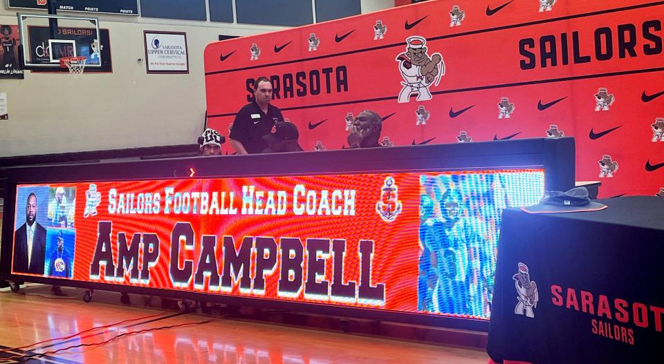 Sarasota High introduces Anthony "Amp" Campbell as its new football coach during a ceremony on Thursday, Jan. 25, 2024, at Eddie Howell Gymnasium in Sarasota.