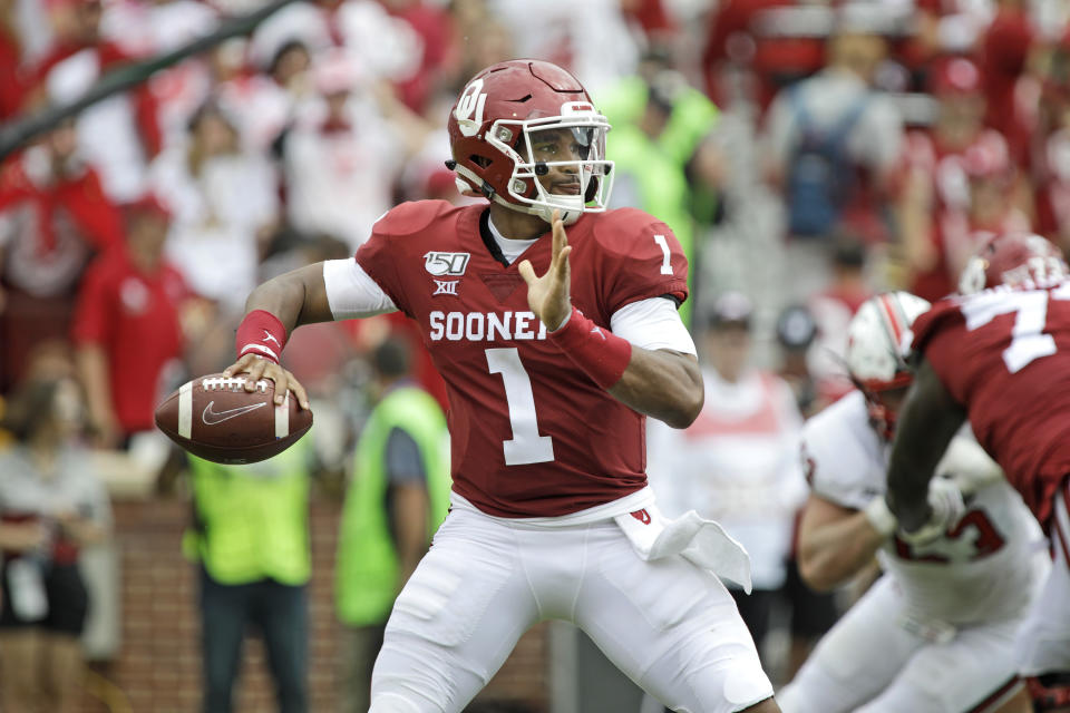 NORMAN, OK - SEPTEMBER 28:  Quarterback Jalen Hurts #1 of the Oklahoma Sooners looks to throw against the Texas Tech Red Raiders at Gaylord Family Oklahoma Memorial Stadium on September 28, 2019 in Norman, Oklahoma. The Sooners defeated the Red Raiders 55-16. (Photo by Brett Deering/Getty Images)
