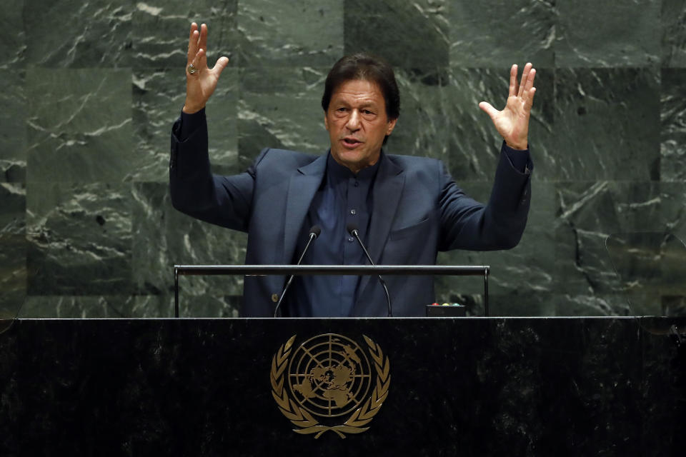 Pakistan's Prime Minister Imran Khan addresses the 74th session of the United Nations General Assembly, Friday, Sept. 27, 2019. (AP Photo/Richard Drew)