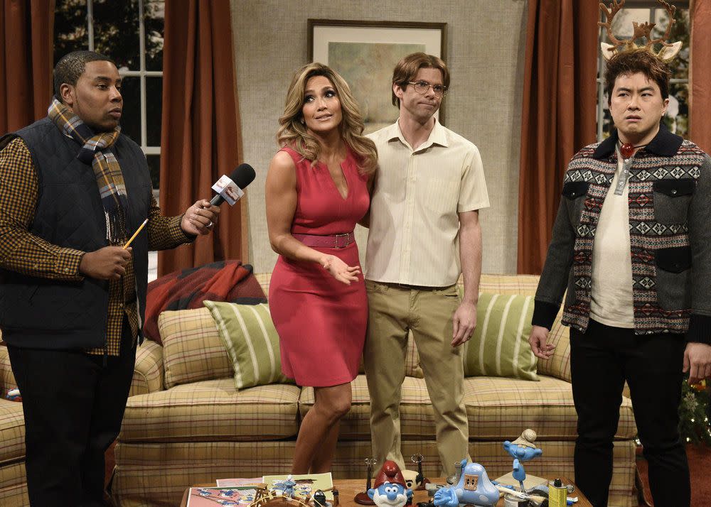 (L-R) Kenan Thompson plays Becker Cheeks, host Jennifer Lopez as Jacquelyn Schatt, Mikey Day as Matt Schatt, and Bowen Yang as designer Brylee during the "Surprise Home Makeover" sketch on "Saturday Night Live" on Dec. 7, 2019.