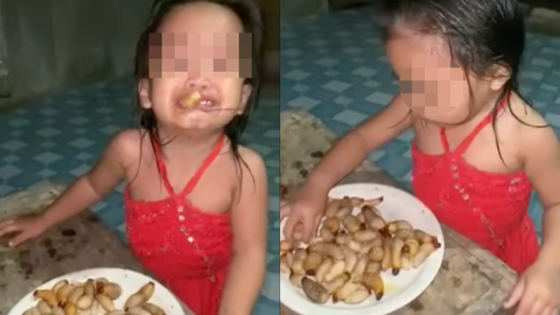 菲律賓女童大啖肥蟲影片曝光，網友怒轟家長餵蟲太噁心。（翻攝自Jenny Brital Riley臉書）