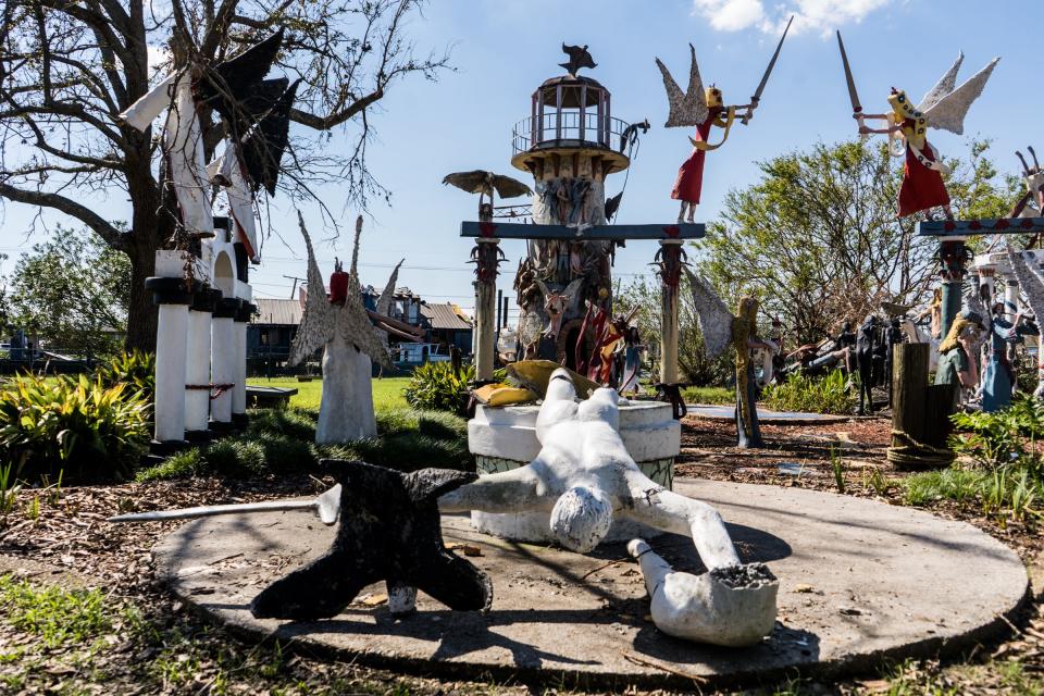 Displays lay damaged Friday Sept. 10, 2021, at the Chauvin Sculpture Garden, nearly two weeks after Hurricane Ida hit the area.